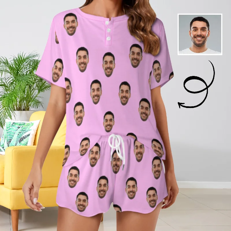 Custom Face Boyfriend Pink Print Pajama Set Women's Short Sleeve Top and Shorts Loungewear Athletic Tracksuits Best pajama sets for elderly women