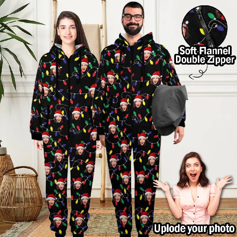 Custom Face Christmas Lights Onesie Pajamas Flannel Fleece Adult Jumpsuit Homewear Postpartum pajama sets Custom Face Christmas Lights Onesie Pajamas Flannel Fleece Adult Jumpsuit Homewear Postpartum pajama sets