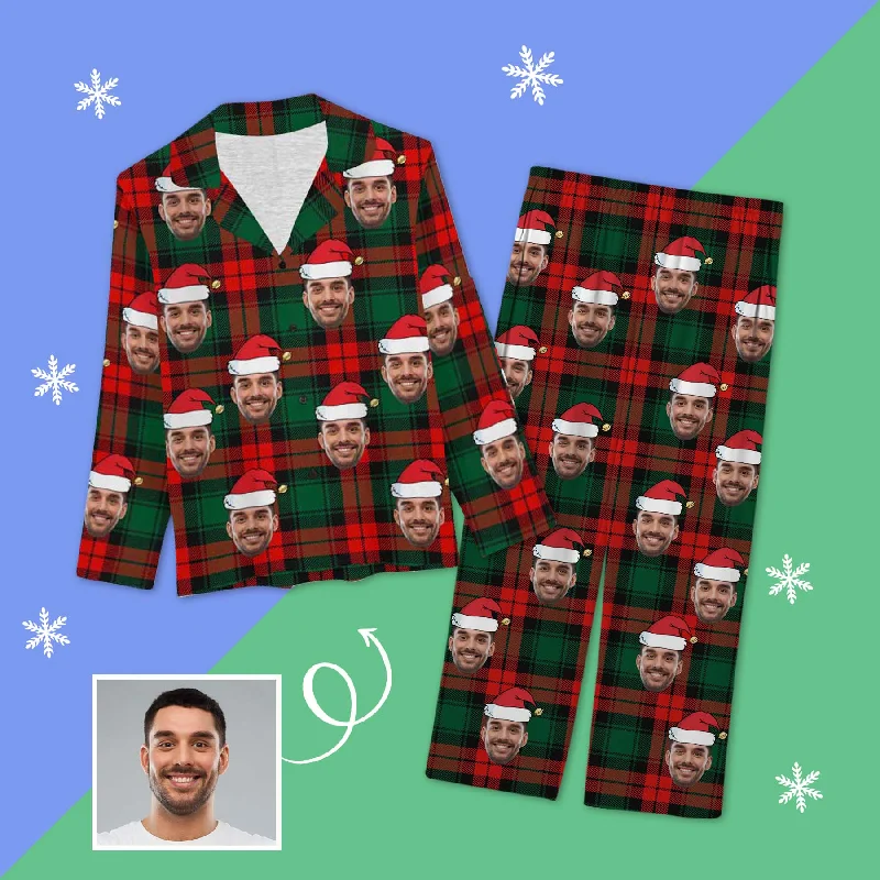 Custom Face Pajamas Red&Green Striped Lattice Sleepwear Personalized Women's Long Pajama Set Flannel pajama sets Custom Face Pajamas Red&Green Striped Lattice Sleepwear Personalized Women's Long Pajama Set Flannel pajama sets