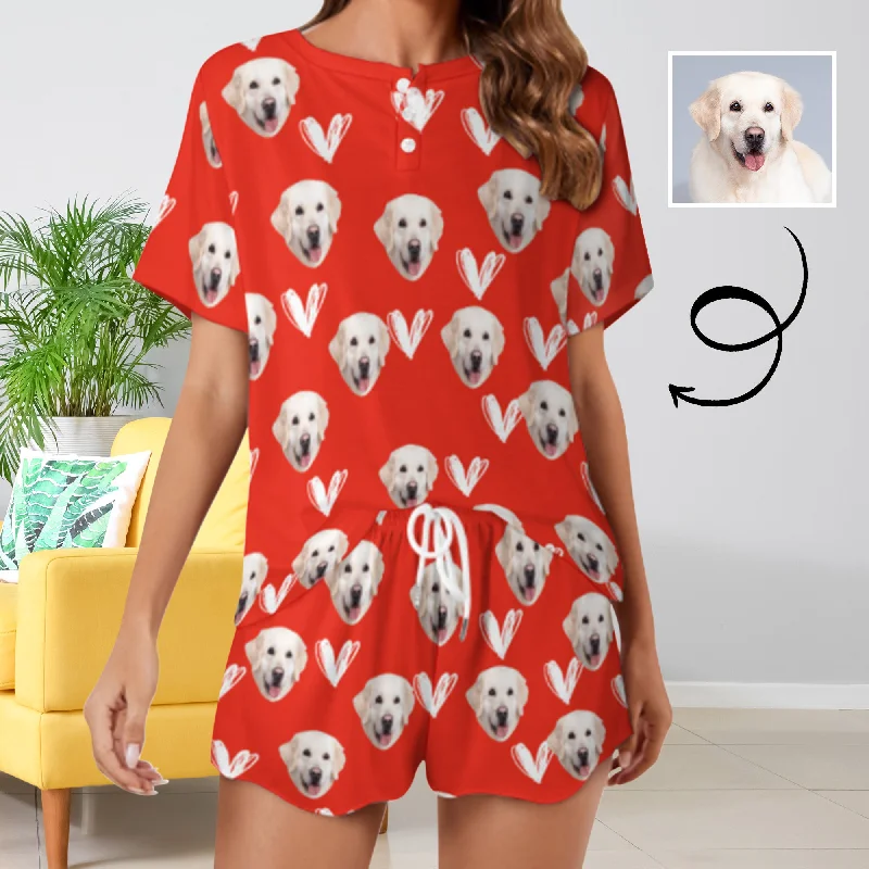 Custom Face Your Dog Red Print Pajama Set Women's Short Sleeve Top and Shorts Loungewear Athletic Tracksuits Designer pajama sets Custom Face Your Dog Red Print Pajama Set Women's Short Sleeve Top and Shorts Loungewear Athletic Tracksuits Designer pajama sets