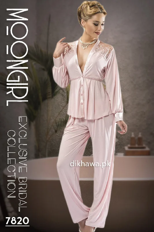Moongirl - Exclusive Bridal Wedding Nightdress & 2Pc Pajama Set Rose Pink 7820 - Turkish Brand Breathable pajama sets