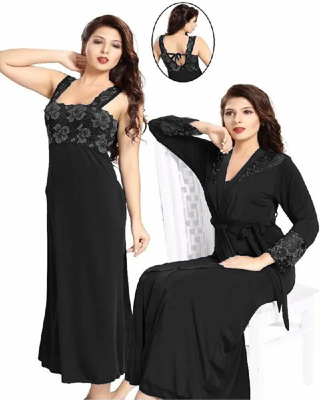 Wedding Nighty - FL-0070 - Black Flourish 2 Piece Nightwear Warm pajama sets