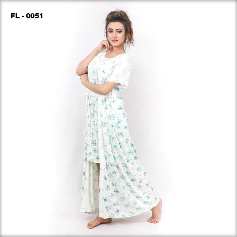 White With Blue Flower Print Flourish 2Pc Women Nightwear - FL-0051 Work-from-home pajama sets