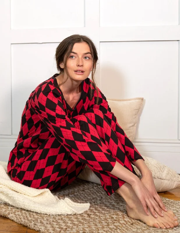 Women's Loose Fit Argyle Print Pajamas Long sleeve pajama sets