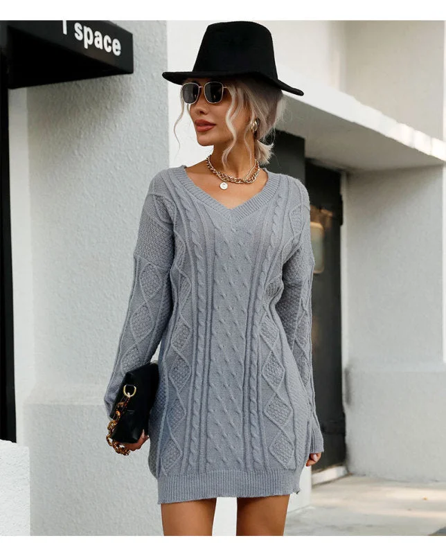 FZ Women's Long Sleeve V-Neck Grey Sweater Dress Sporty sweaters
