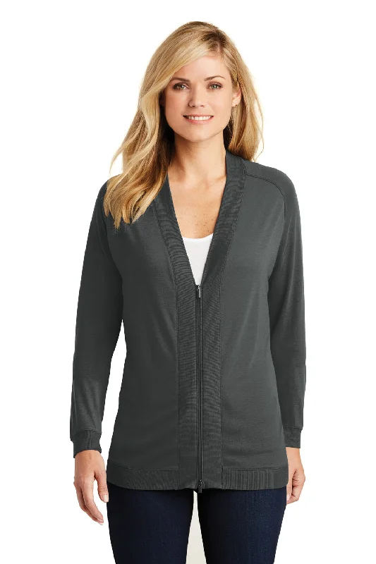 Port Authority Womens Concept Bomber Long Sleeve Cardigan Sweater - Smoke Grey - Closeout Budget-friendly sweaters Port Authority Womens Concept Bomber Long Sleeve Cardigan Sweater - Smoke Grey - Closeout Budget-friendly sweaters
