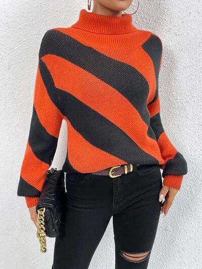 FZ Women's Striped Turtleneck Dropped Shoulder Sweater Travel-friendly sweaters
