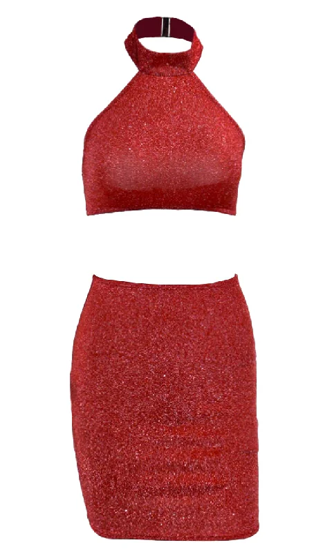 After Dinner Sparkle Sleeveless Mock Neck Halter Crop Top Bodycon Two Piece Mini Dress - 4 Colors Available Minimalist mini dresses