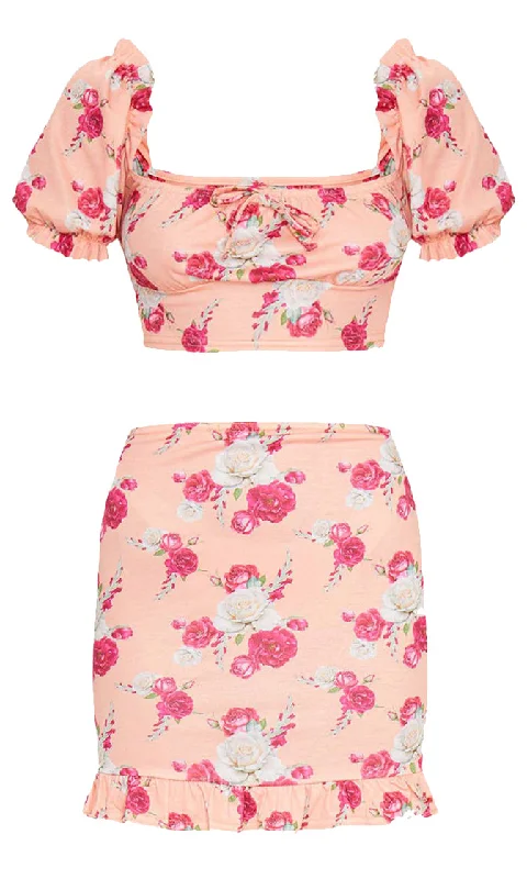 Anything But Here Floral Pattern Puff Cap Sleeve Square Neck Crop Top Ruffle Bodycon Casual Two Piece Mini Dress - 2 Colors Available Chiffon mini dresses