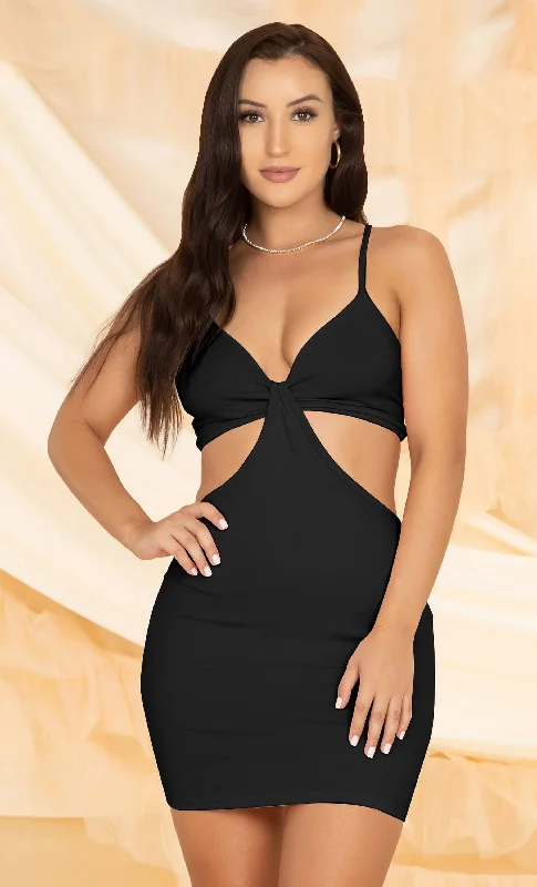 Beachy Baby<br><span> Black Stretch Cut Out Waist Mini Spaghetti Strap V Neck Bodycon Mini Dress</span> Chic mini dresses