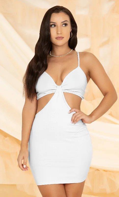 Beachy Baby <br><span>White Stretch Cut Out Waist Mini Spaghetti Strap V Neck Bodycon Mini Dress</span> Lace mini dresses