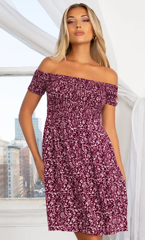 Better With You Burgundy Floral Pattern Short Sleeve Off The Shoulder Skater Flare Casual Mini Dress Leather mini dresses