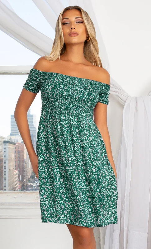 Better With You Green Floral Pattern Short Sleeve Off The Shoulder Skater Flare Casual Mini Dress Stretchy mini dresses Better With You Green Floral Pattern Short Sleeve Off The Shoulder Skater Flare Casual Mini Dress Stretchy mini dresses