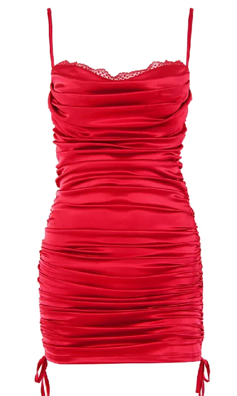 Call Out My Name Rose Red Satin Sleeveless Spaghetti Strap Sweetheart Neckline Swiss Dot Lace Trim Ruched Drawstring Bodycon Mini Dress Formal mini dresses