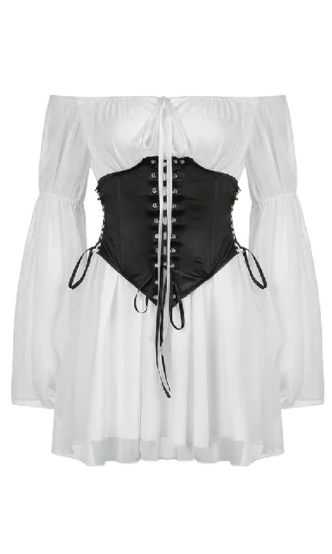 Fairytale Flirt White Black Long Bell Sleeve Puff Shoulder Chiffon Flare A Line Mini With Lace Up Corset Two Piece Dress Spring mini dresses Fairytale Flirt White Black Long Bell Sleeve Puff Shoulder Chiffon Flare A Line Mini With Lace Up Corset Two Piece Dress Spring mini dresses