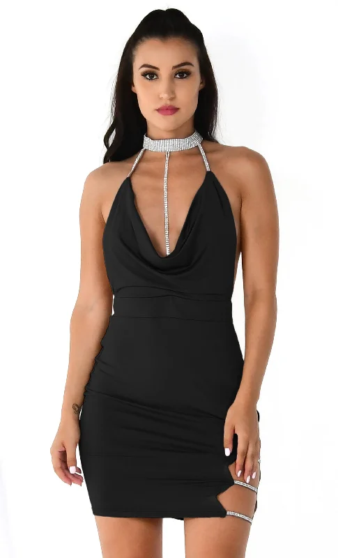 Get His Attention Black Sleeveless Spaghetti Strap Rhinestone Collar Drape V Neck Halter Cut Out Side Backless Bodycon Mini Dress High-end mini dresses