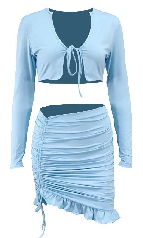 I Get It Long Sleeve V Neck Tie Front Crop Top Bodycon Ruffle Ruched Casual Two Piece Mini Dress New Year's Eve mini dresses