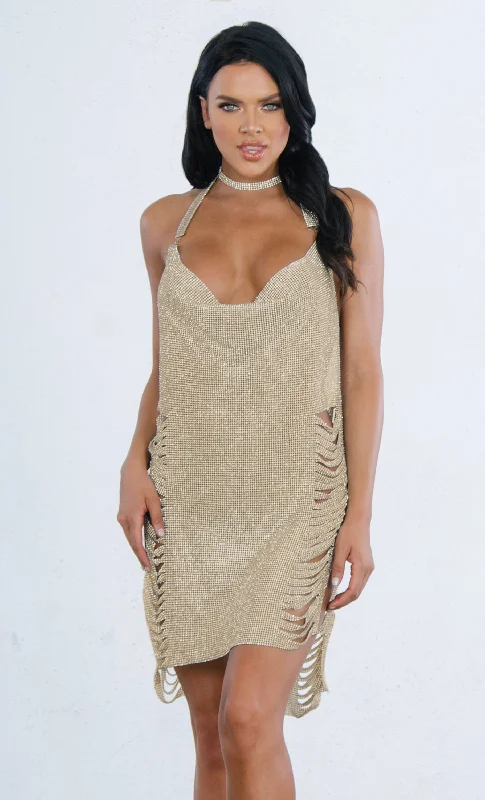 Indie XO Feel It Still Metallic Gold Rhinestone Shredded Diamanté Mesh Sleeveless Backless Halter V Neck Side Slit Mini Dress - 2 Colors Available Cocktail mini dresses