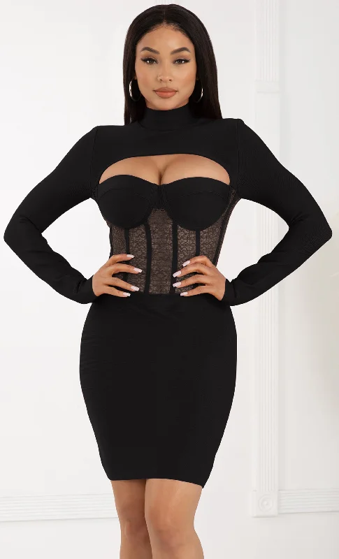 Intoxicating Love Black Bustier Sheer Mesh Lace Cut Out Long Sleeve Mock Neck Bandage Bodycon Mini Dress Summer mini dresses