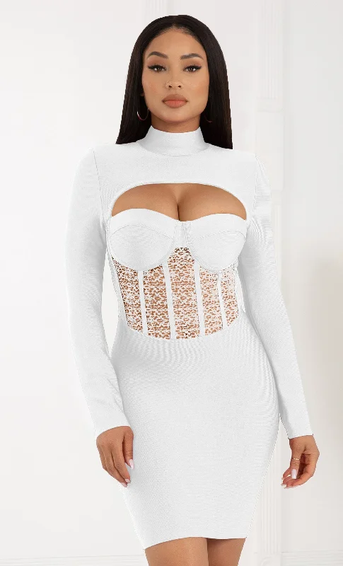 Intoxicating Love White Bustier Sheer Mesh Lace Cut Out Long Sleeve Mock Neck Bandage Bodycon Mini Dress Flowy mini dresses