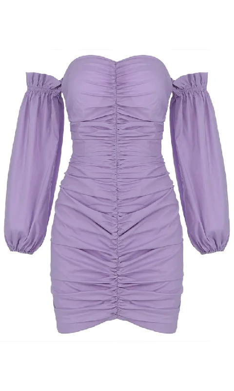 Lilac Fields Purple Puffed Long Sleeves Off The Shoulder Sweetheart Neck Ruched Casual Bodycon Mini Dress Lace mini dresses