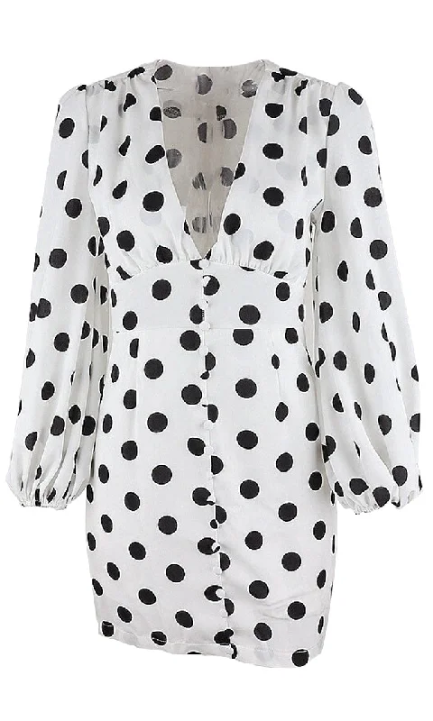 Loosen Control White Black Polka Dot Pattern Long Lantern Sleeve V Neck Button Bodycon Casual Mini Dress Best mini dresses for summer vacation