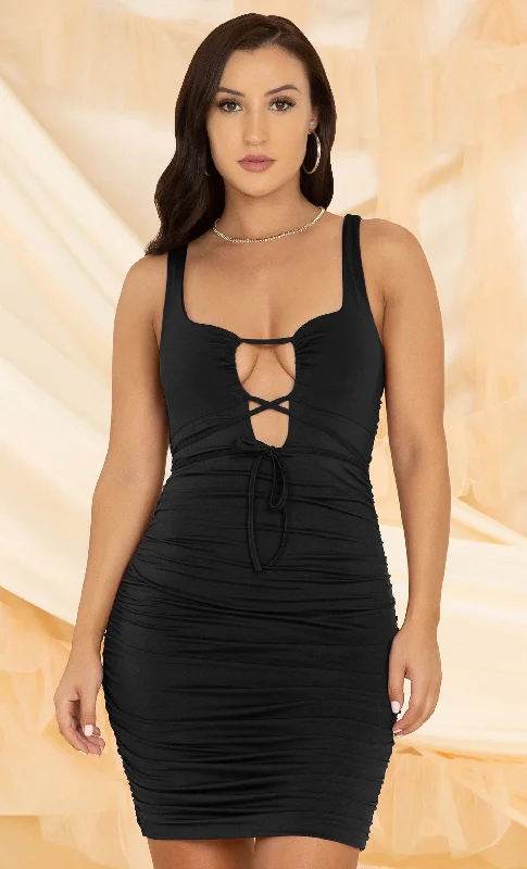 Midnight Intrigue Black Sleeveless Plunge V Neck Lace Up Ruched Bodycon Mini Dress Formal mini dresses
