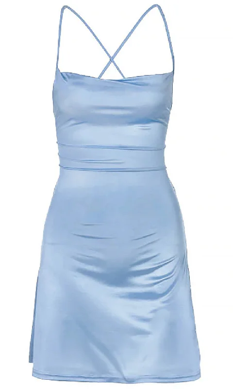 Never Afraid <br><span>Light Blue Satin Sleeveless Spaghetti Strap Lace Up Scoop Neck Open Back Flare Mini Slip Dress</span> Off-shoulder mini dresses