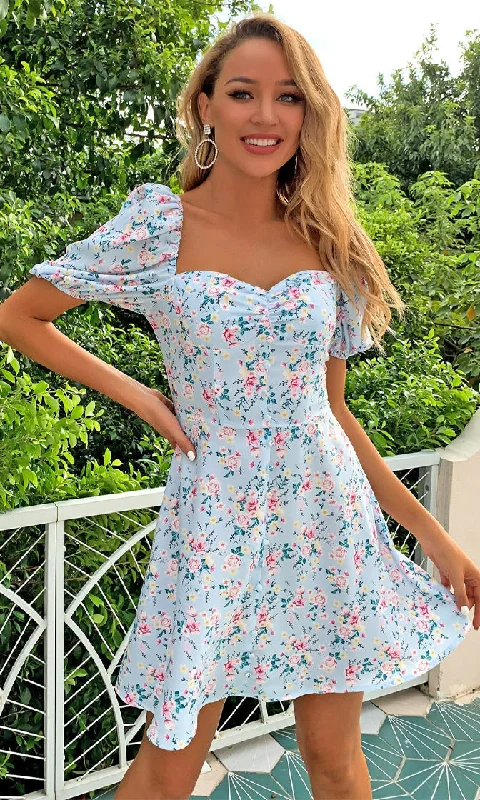 Never Cheat Blue Pink Floral Pattern Short Puff Sleeve Sweetheart Neck Flare A Line Casual Mini Dress Wrap mini dresses