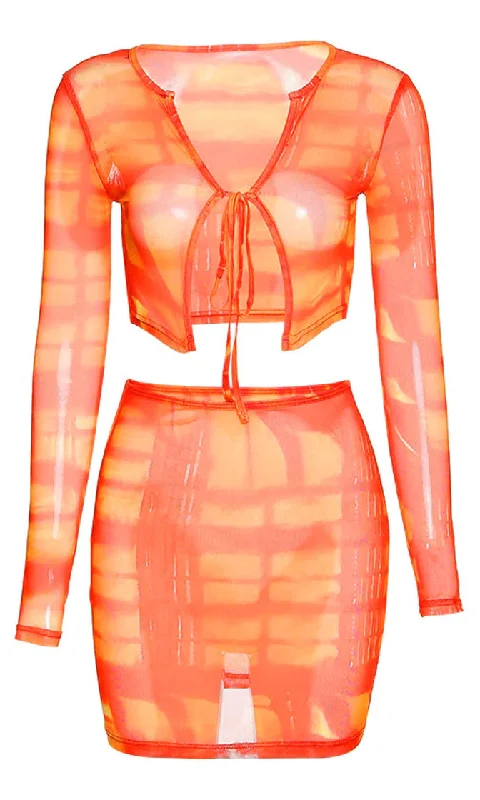 Sheer Imagination Tie Dye Pattern Sheer Mesh Long Sleeve Scoop Neck Tie Crop Top Bodycon Two Piece Casual Mini Dress Best mini dresses for date night