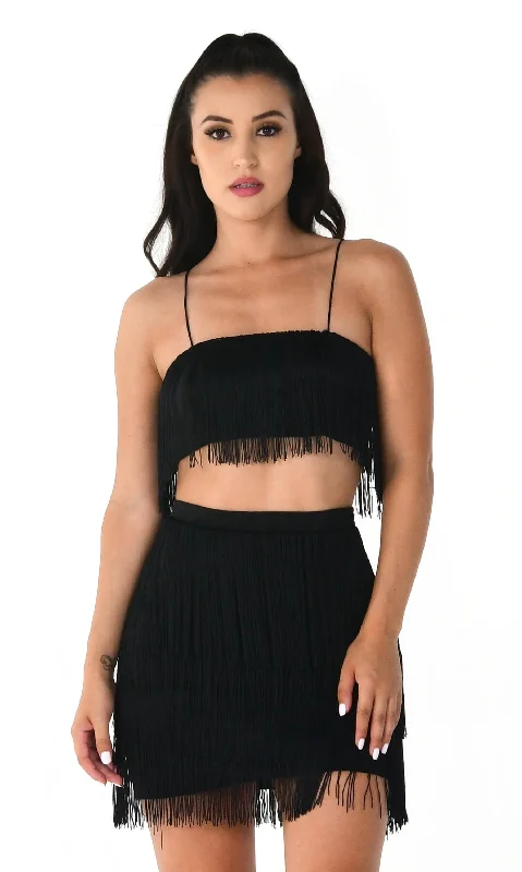 Shot Caller Black Sleeveless Spaghetti Strap Fringe Crop Top Bodycon Two Piece Mini Dress Shein mini dresses