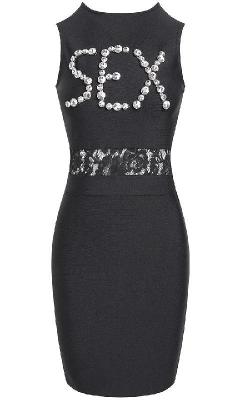Sparks Will Fly <span><br> Black Sleeveless Rhinestone Trim Round Neck Sheer Mesh Lace Waist Bodycon Bandage Mini Dress</span> Elegant mini dresses Sparks Will Fly <span><br> Black Sleeveless Rhinestone Trim Round Neck Sheer Mesh Lace Waist Bodycon Bandage Mini Dress</span> Elegant mini dresses