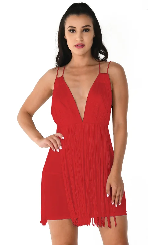 Sway With Me Red Fringe Elastic Waist Stretchy Sleeveless Plunge V Neck Bodycon Mini Dress Designer mini dresses