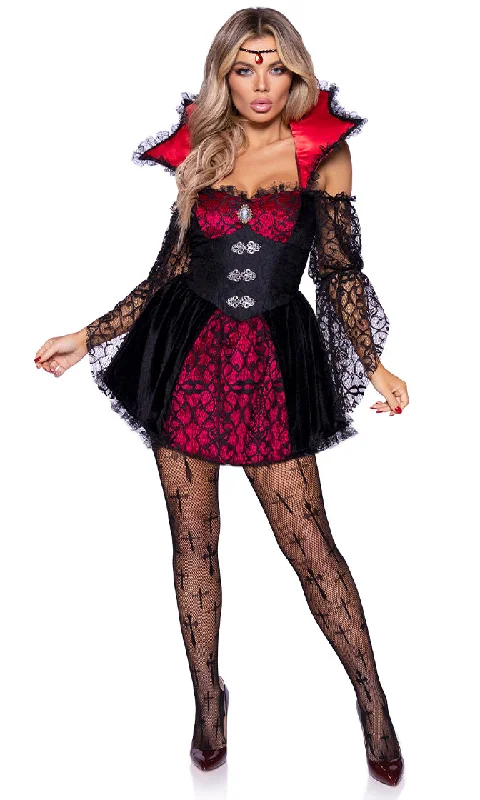 Vampire Queen<br><span> Black Red Sheer Mesh Lace Long Sleeve Off The Shoulder Flare Mini Dress Two Piece Halloween Costume Set</span> Long sleeve mini dresses