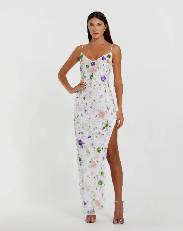 Embellished Lace Sleeveless V Neck Gown Soft Satin Bridal