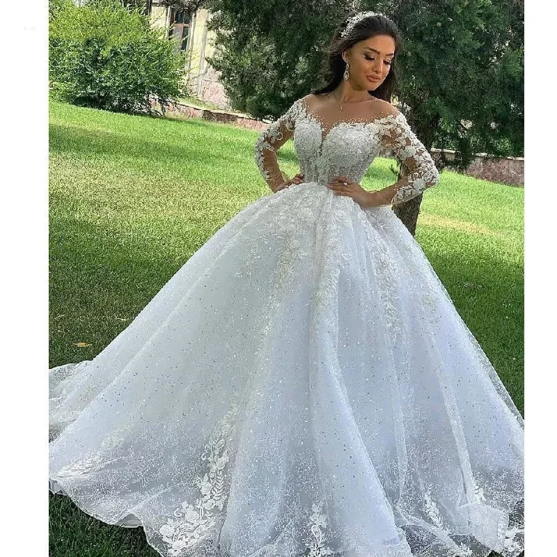 Ball Gown Wedding Dresses O Neck Long Sleeves Lace Up Back Mermaid Style Gown