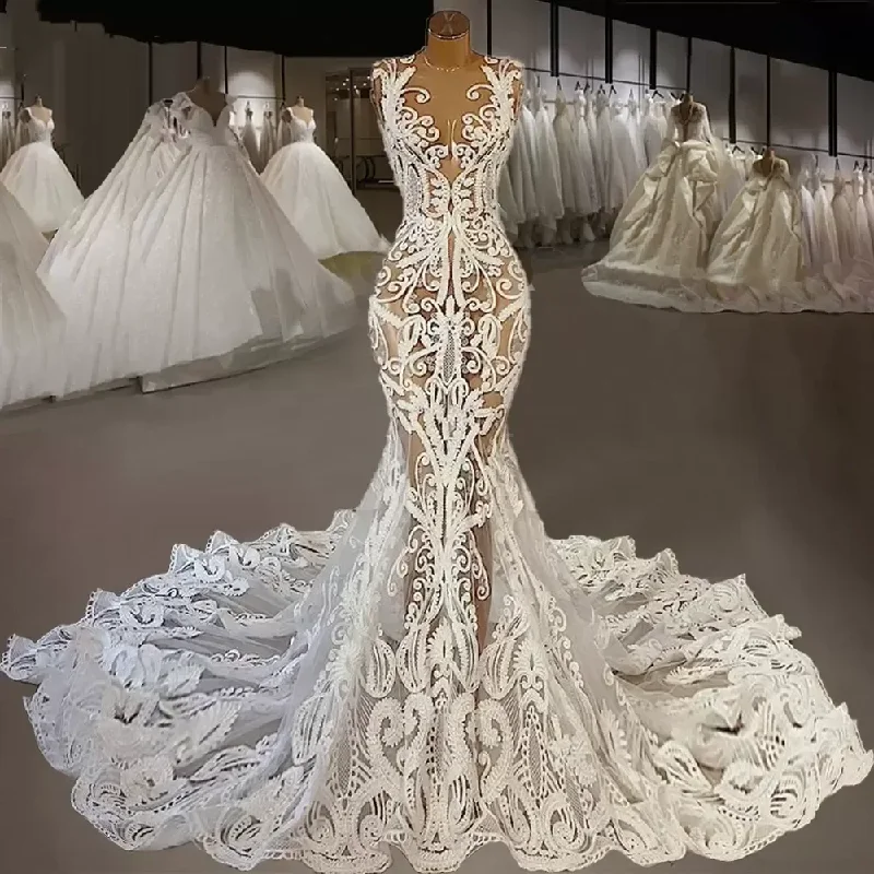 2024 Sexy Mermaid Wedding Dresses Lace Applique Sleeveless Illusion Bodice O-Neck Sweep Train Custom Made Vestido De Novia 2024 Beaded Lace Wedding