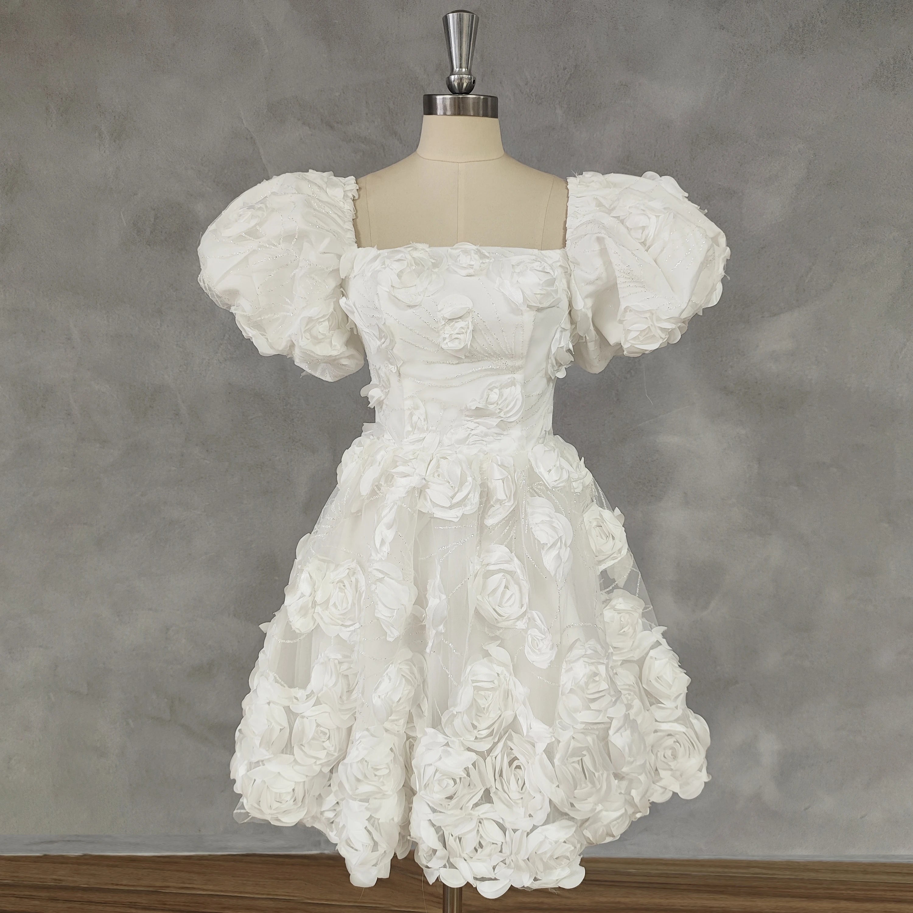 3D Flowers Square Neck Puff Sleeves Short Wedding Party Mini Dress Beaded Wedding Gown 3D Flowers Square Neck Puff Sleeves Short Wedding Party Mini Dress Beaded Wedding Gown