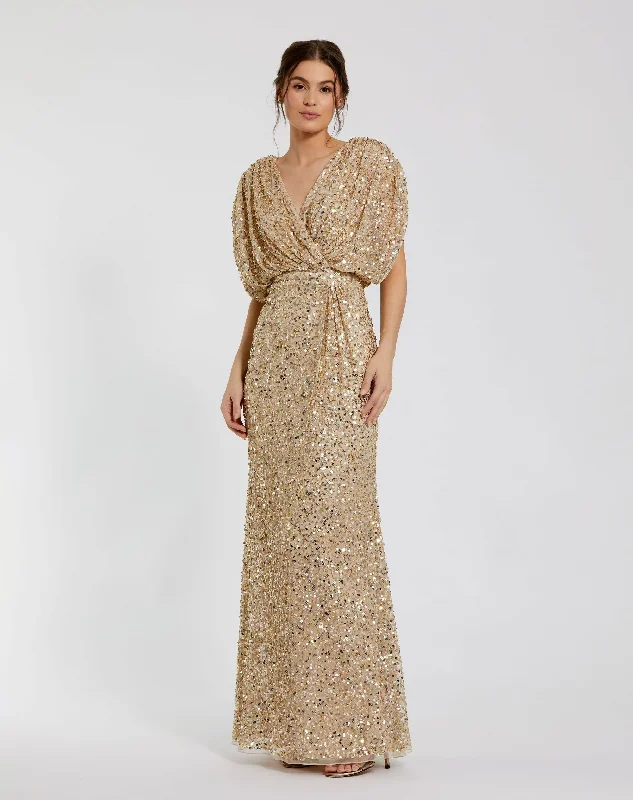 Gold Draped Sleeve V Neck Gown Sexy Wedding Dress