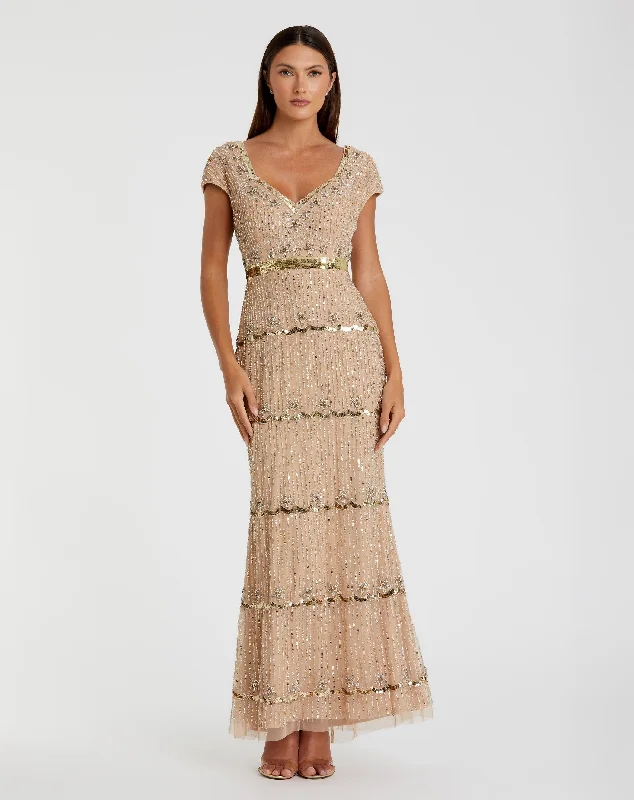 Beige Cap Sleeve Sweetheart Neckline Beaded Sequin Column Gown Sleek Wedding Dress