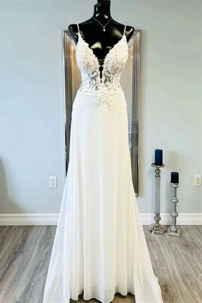 A-Line Low V-Neck Spaghetti Straps Lace Appliques Wedding Dress Strapless Lace Dress