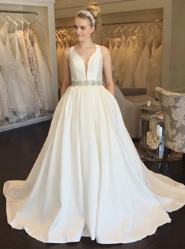 A-Line V-Neck Open Back Beading Satin Wedding Dress With Pockets OW479 Sparkling Wedding Dress