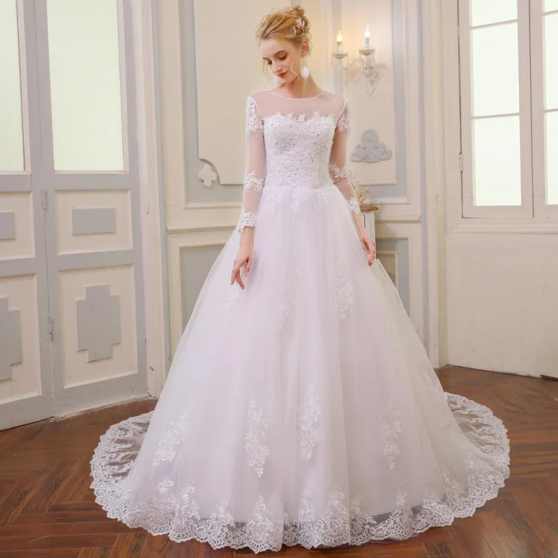 A-Line Vintage Long Sleeve Wedding Gown Bridal Dress with Lace Modern Bridal Gown