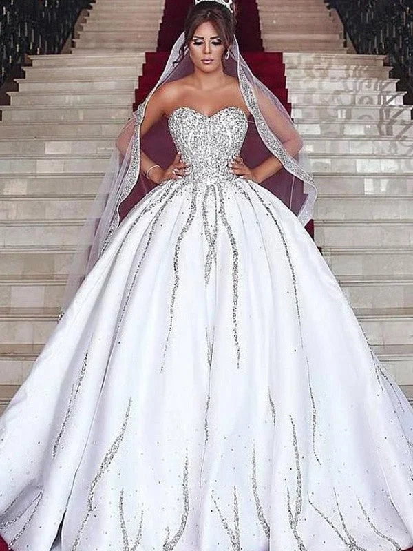 Ball Gown Sweetheart Satin Beading Sleeveless Sweep/Brush Train Wedding Dresses Vintage Lace Dress