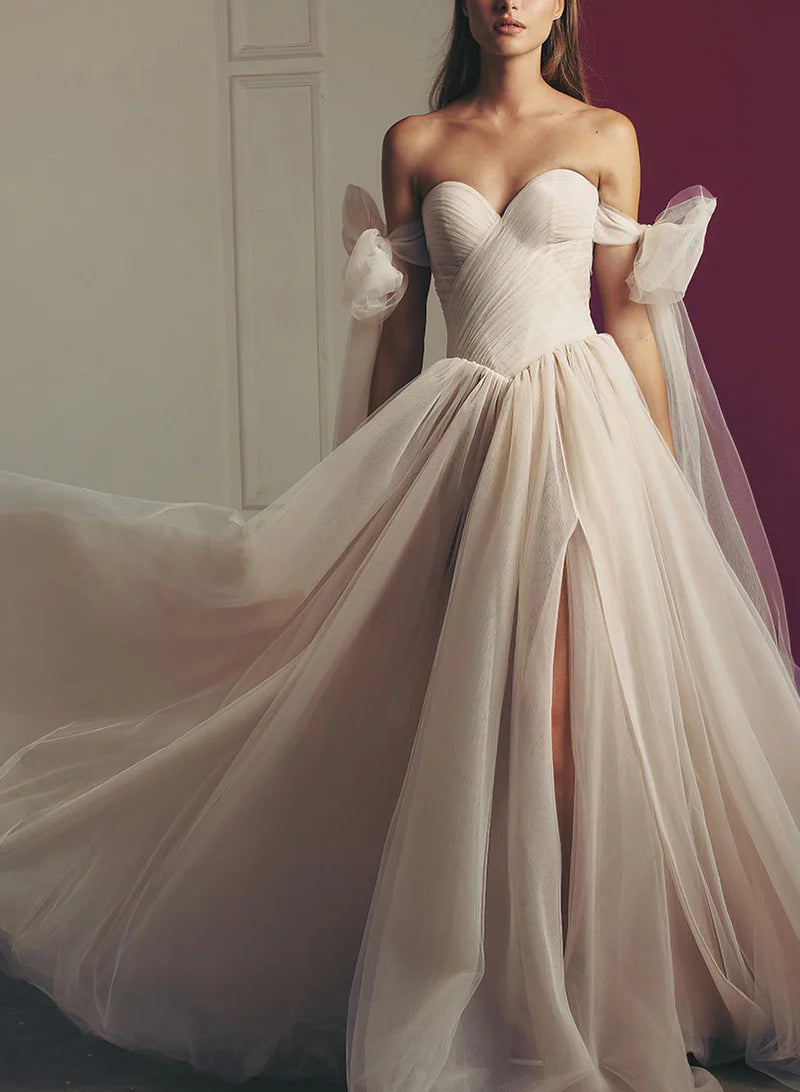 Beach Pleated Tulle Off-The-Shoulder A-Line Wedding Dresses With Split Silk Wedding Gown