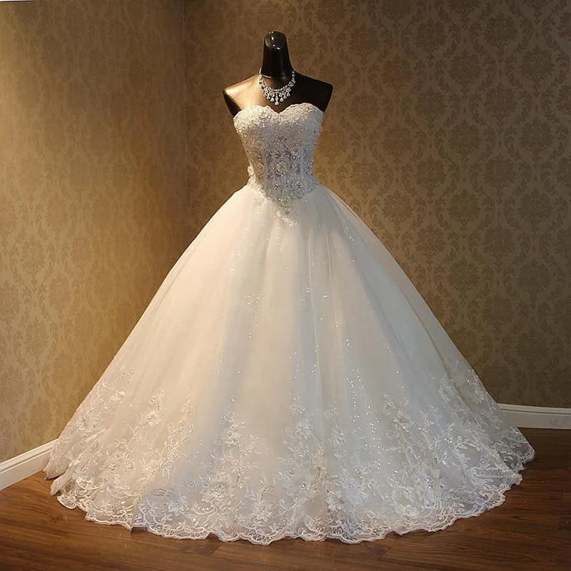 Beaded Pearls Off Shoulder Ball Gown Luxury Bridal Wedding Dress Lace Boho Dress