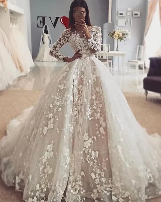 boho wedding dresses long sleeve lace appliqué floral elegant wedding ball gown robe de mariee Soft Lace Gown boho wedding dresses long sleeve lace appliqué floral elegant wedding ball gown robe de mariee Soft Lace Gown
