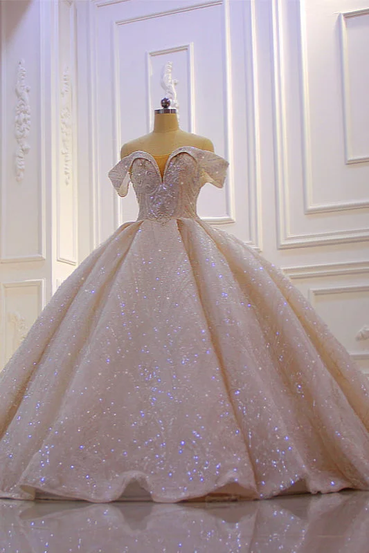 Classy Long Off the Shoulder Sequin Beading Satin Ball Gown Wedding Dress Empire Waist Gown