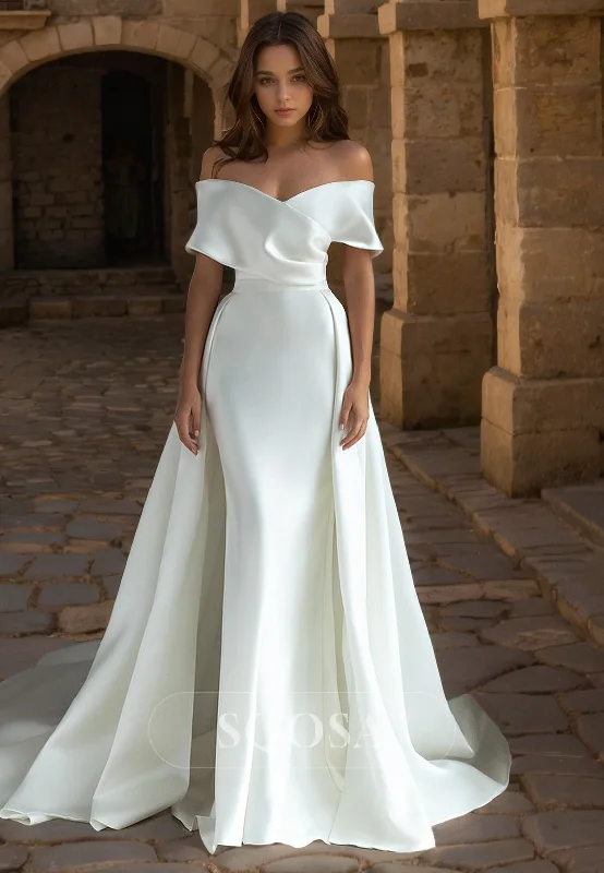 Sheath Off Shoulder Satin Simple Wedding Dress with Train Ruffle Wedding Gown