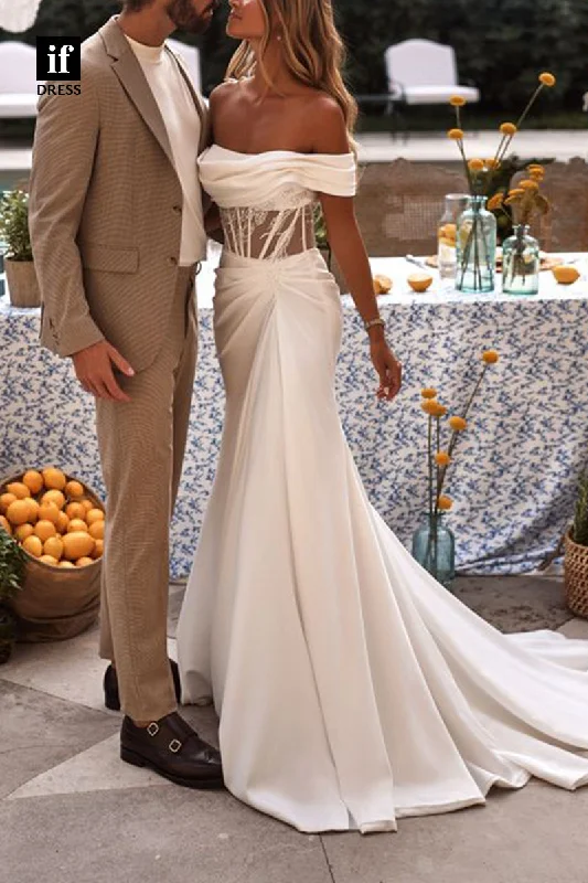 71248 - Classy Strapless Cap Sleeves Bohemian Weddinf Dress with Train Sheer Wedding Dress